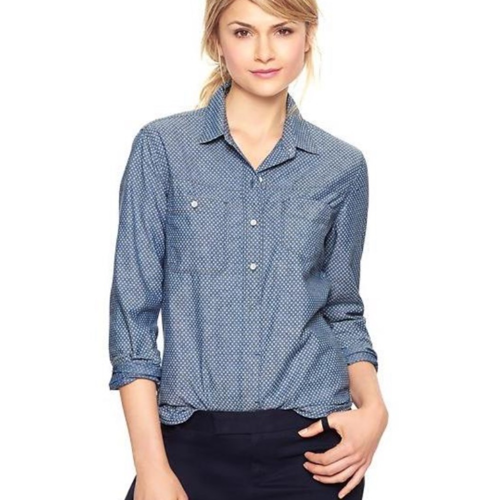 Gap 1969 Asymmetrical Pocket Polka Dot Denim Shirt